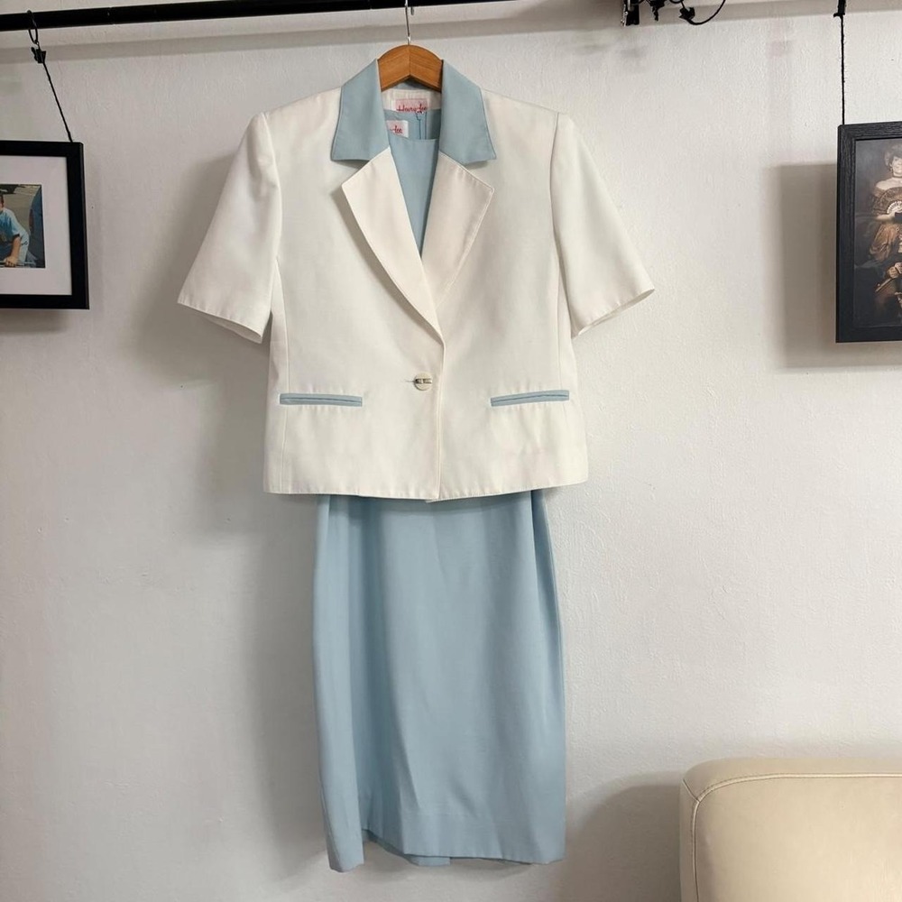 VTG Henry Lee Women's Dress Suit 8P Pure White Blue 2pc Officecore Minimalist